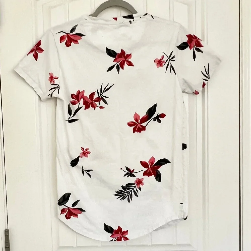 Hollister Men Longline Curved Hem Floral Pattern White Short Sleeve T-Shirt - XS - Picture 8 of 10